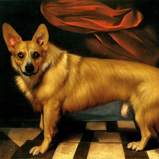 Prompt: A Hellhound corgi, caravaggio