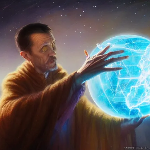 Image similar to the creator of worlds wearing a cloak and holding a holographic planet projection in his hand, detailed, sci - fi, digital painting, artstation, sharp focus, illustration, ominous, artgerm, tomasz alen kopera, peter mohrbacher, donato giancola, joseph christian leyendecker, wlop, frank frazetta