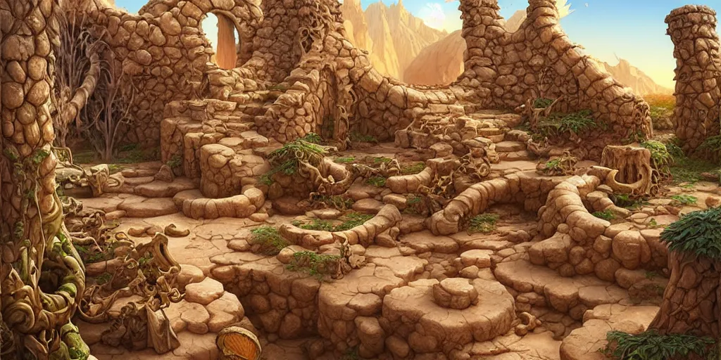 Image similar to a fantasy desert oasis landscape, ruins, bones, grottoes, arid ecosystem, digital illustration by michael whelan and leyendecker and artgerm, intricate details, surreal, photorealistic, award winning