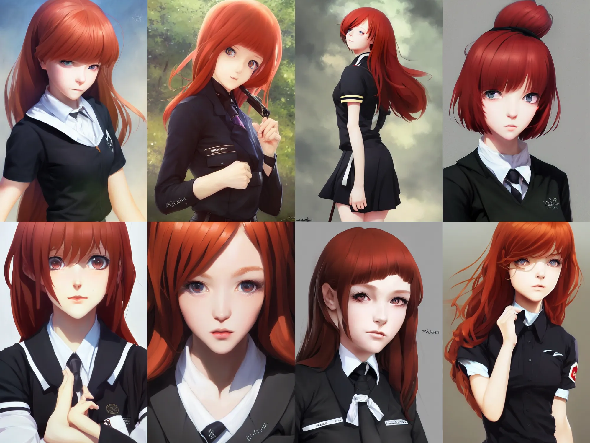Prompt: Gorgeous realistic, ultrarealistic redhead schoolgirl, in black uniform, very detailed eyes. By ilya kuvshinov, krenz cushart, Greg Rutkowski, trending on artstation