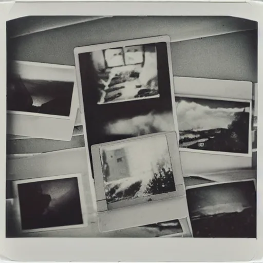 Prompt: a stack of polaroid photos on a desk, found at an abandoned nuclear power plant, mystery, terrifying, chilling