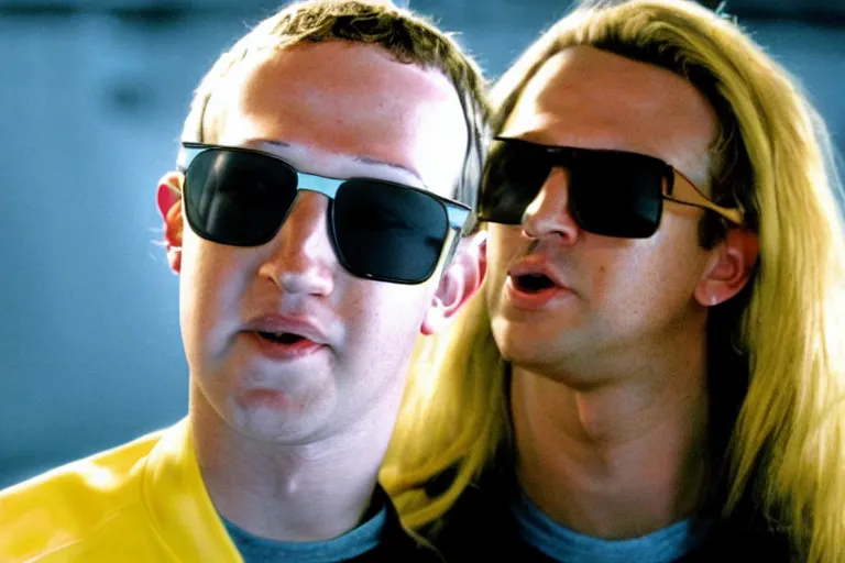 Prompt: Mark Zuckerberg with long dirty blonde hair and stubble, greyish blue eyes, sunglasses, black and yellow tracksuit, the sopranos, film still, dramatic lighting,