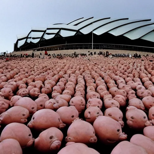 Image similar to spencer tunick photograph of group of blobfish on the sydney opera house foreshore