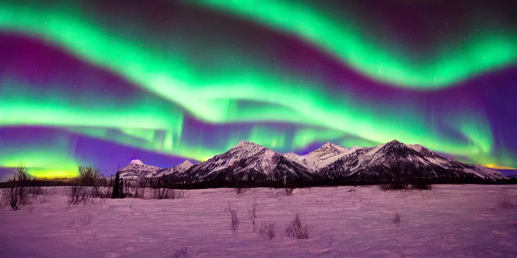 Prompt: analog photo of the northern lights, rich colors, mountains in the background