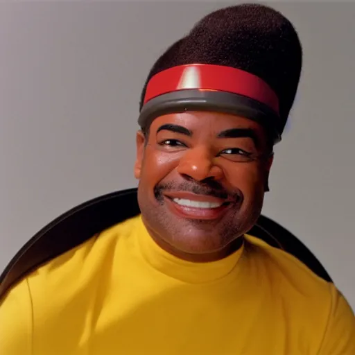 Image similar to Geordi LaForge wearing visor and a colander and random kitchen tools on his head