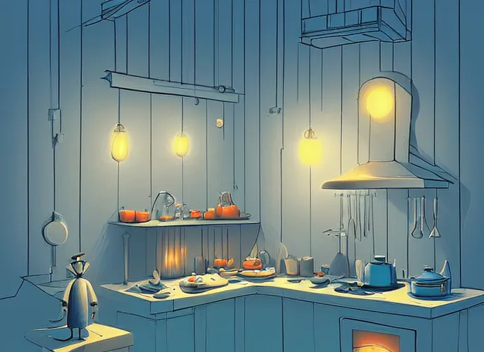 Prompt: Beautiful nostalgic digital art of a minimalistic dim lit kitchen (from Tim Burtons Nightmare Before Christmas) by Christopher Balaskas