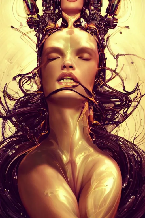 Image similar to a centered render of an alluring futuristic goddess with slight cyborg modifications surrounded by a underwater ink pour and flowing liquid gallium and sacred geometry, perfect body and face, powerful, cinematic, beautifully lit, by artgerm, by karol bak, 3 d, trending on artstation, octane render, 8 k