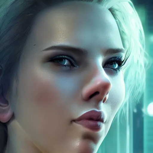 Prompt: scarlett johansson portrait, Cyberpunk 2077, cyberpsycho, photorealistic, ultra detailed, neon, octane, bokeh, cyber, cyberpunk city, feature, scars, cyberface, 8k