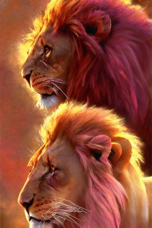 Prompt: spiritual twin flame lion art, pink sunset hue, highly detailed, oil painting hue, by craig mullins