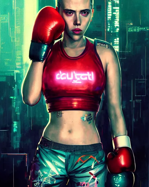 Image similar to detailed portrait Scarlett Johansson, cyberpunk futuristic neon, reflective crop top and shorts, boxing gloves, decorated with traditional Japanese ornaments by Ismail inceoglu dragan bibin hans thoma greg rutkowski Alexandros Pyromallis Nekro Rene Maritte Illustrated, Perfect face, fine details, realistic shaded, fine-face, pretty face