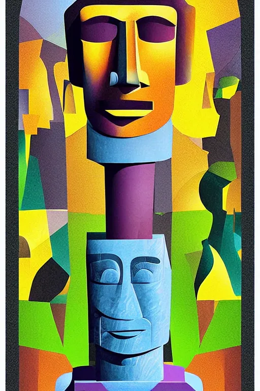 Image similar to cubist moai statue cutout digital illustration cartoon colorful beeple