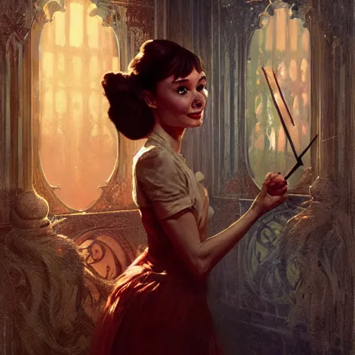 Image similar to audrey hepburn inside haunted mansion, various scenarios, looking for the way out, ghosts around, highly detailed, digital painting, artstation, art by gaston bussiere, greg rutkowski, j. c. leyendecker, robert hubert