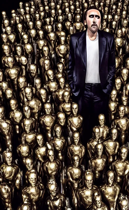 Prompt: nicolas cage surrounded by Oscar statues. Cinematic, hyper realism, realistic proportions, dramatic lighting, high detail 4k.