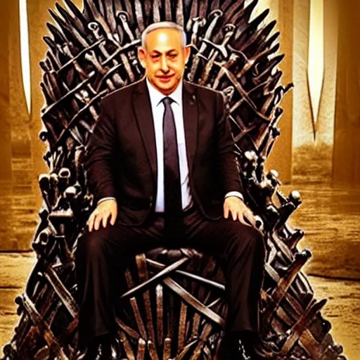 Image similar to “Benjamin Netanyahu sitting on the iron throne, 4k, award winning, realistic, scene from game of thrones”