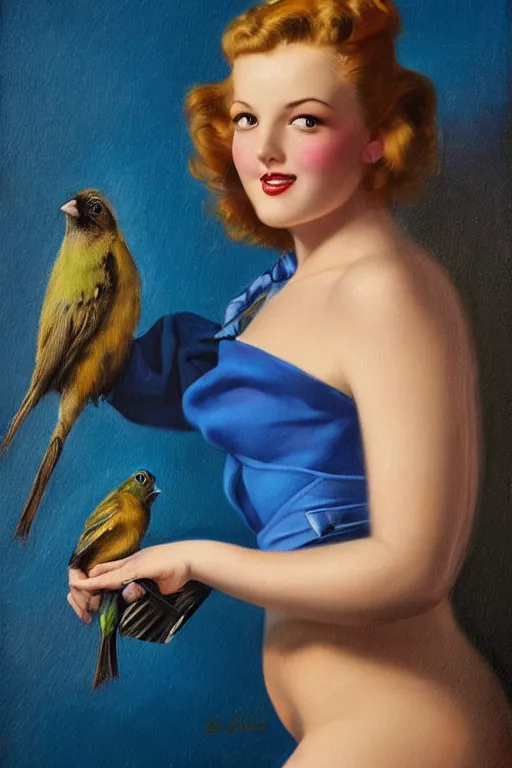 Image similar to hyper realistic painting, pinup girl holding an indigo bunting, bird, the bird is wearing a bowtie, anime, porcelain skin, glistening, very coherent, gillette gil elvgren