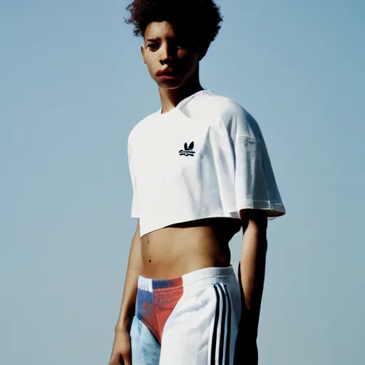 Image similar to !dream realistic photoshoot for a new adidas lookbook, color film photography, portrait of a beautiful person, in style of Tyler Mitchell, 35mm, graflex