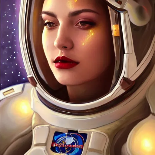 Prompt: a portrait of a very beautiful woman in a spacesuit with a dueling scar, brown eyes, shoulder-length brown hair, deep red lips, glitter, bored, illustration, soft lighting, soft details, painting oil on canvas by mark arian by artgerm, trending on artstation, 4k, 8k, HD