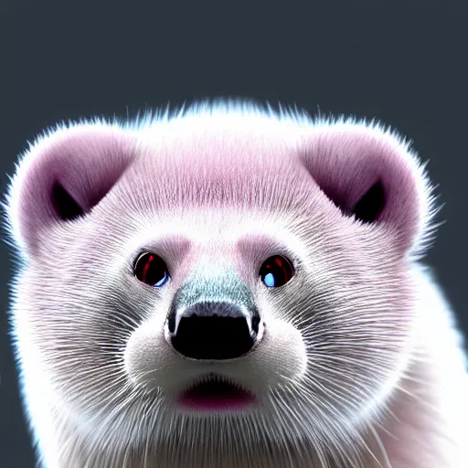 Prompt: white mink with pink nimbus of pink bacteria circle around the neck art by amano yoshitaka unreal engine hd 8k starring at camera symmetrical mink matte background