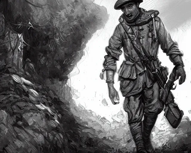 Image similar to A despaired soldier in a world war 1 trench, black and white, amazing digital art, hyper detailed, artstation, in the style of Tony Sart