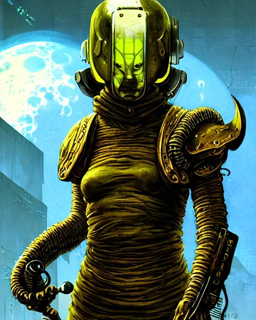 Prompt: a fed up cyber astro monk like from skyrim and elden ring and grand theft auto and overwatch, character portrait, portrait, close up, concept art, intricate details, extremely detailed, realistic vintage sci - fi poster, in the style of chris foss, rodger dean, moebius, michael whelan, lumi, and gustave dore