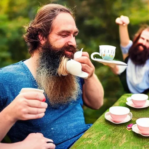 Image similar to small creatures having tea party in a humans beard.