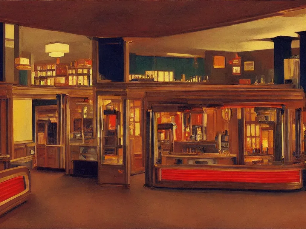 Image similar to interior view of an empty bar in the 70s with a jukebox at night, ultra view angle view, realistic detailed painting by edward hopper