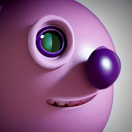 Image similar to photo of a clay model of character with large spherical purple head and tiny eyes with comically tiny body and spindly limbs leans close to the camera, fish eye lens, 4 k, hyper realistic, hyper detailed face, octane render