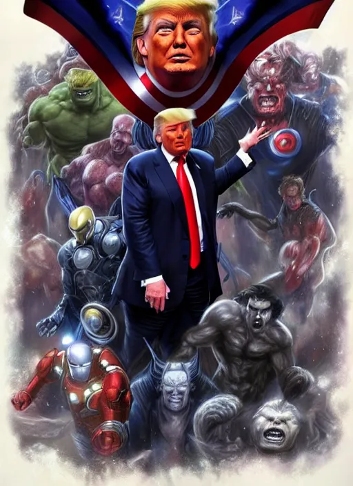 Prompt: donald trump as all of the avengers, cosmic horror painting, elegant intricate digital painting artstation concept art by mark brooks and brad kunkle detailed