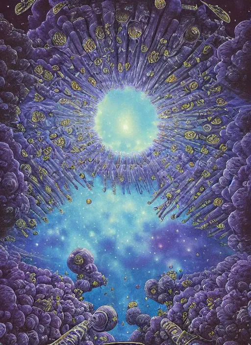 Image similar to detailed, intricate blue black and purple papaverum flower on the field, nebula, galaxy in the sky, winning award masterpiece, fantastically beautiful, illustration, aestheticly inspired, jacek yerka, upscale with anguissola sofonisba work, artstation, 8 k