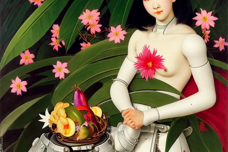 Image similar to a portrait of double eyelids asian female with short black hair dressed with a robot knight plastic white armor dress from evangelion, sit in a throne surrounded by garlands of tropical fruits and flowers, masterpiece painted by jc leyendecker