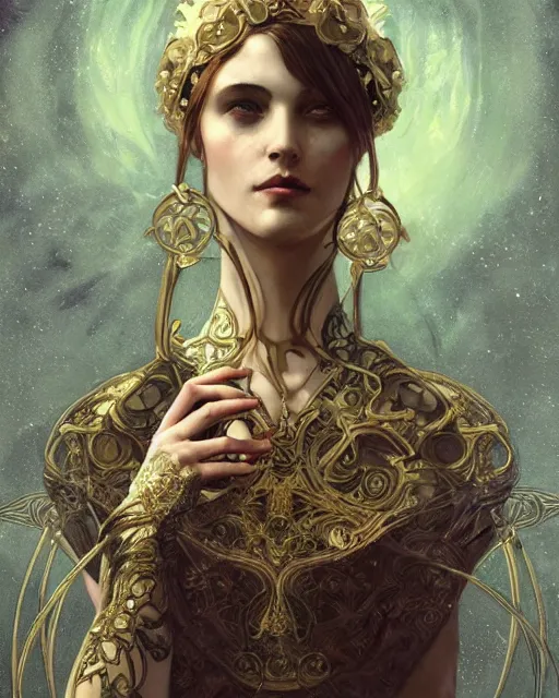 Prompt: tarot card, high priestess, Art nouveau, intricate, elegant, highly detailed, concept art, sharp focus, beautiful face!!, digital art, smooth, by Bastien Deharme, Brom, trending on Artstation, Alphonse Mucha