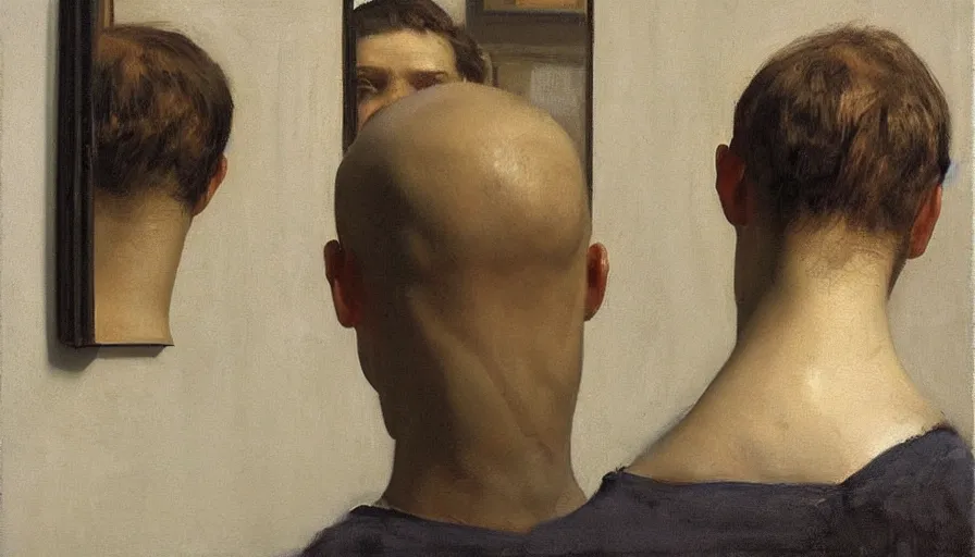 Prompt: painting by borremans, a man looks in the mirror and sees not himself, detailed, stunning