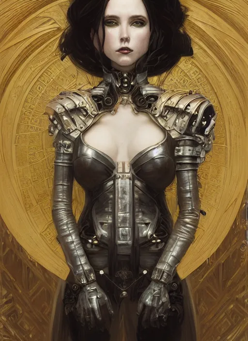 Prompt: portrait of beautiful pale gothic maiden in latex, warhammer 40000, cyberpunk, intricate, elegant, highly detailed, digital painting, artstation, concept art, smooth, sharp focus, illustration, art by artgerm and greg rutkowski and alphonse mucha and Gustav Klimt