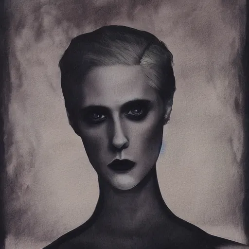 Prompt: a striking esoteric painting of Evan Rachel Wood, dark, metal, black background, occult, by Paulina Peavy