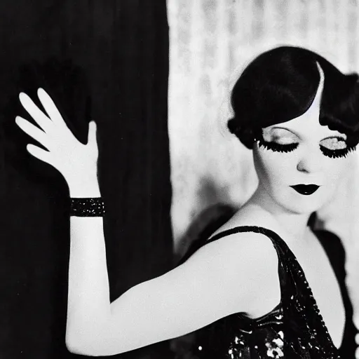 Prompt: a 1 9 2 0 s flapper woman extending her hand in black satin gloves toward the camera, enticing the viewer to join a jazz party taking place behind her in a dimly lit speakeasy, circa 1 9 2 4, depth of field, photorealistic