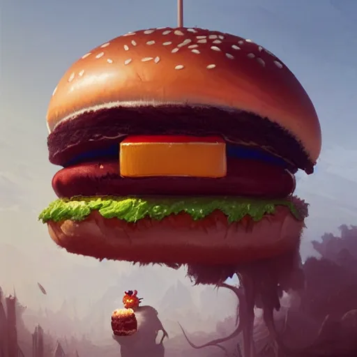 Prompt: a monster with a hamburger as a head, burger with eyes, burger with teeth, character concept art, fantasy drawing, illustration, highly detailed, hyperrealistic, cgsociety, artstation, oil painting by greg rutkowski