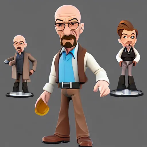 Prompt: walter white as a caricature disney infinity figure with no joint articulation, highly detailed, intricate, clean forms with simplified facial forms with plane changes with sharp stylized clothing folds, by Titan Books, product photo