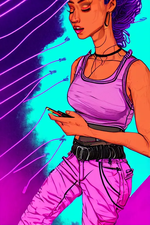 Image similar to a award winning half body portrait of a beautiful woman in a croptop and cargo pants with ombre purple pink teal hairstyle and hands in pockets by ari liloan, surrounded by whirling illuminated lines, outrun, vaporware, shaded flat illustration, digital art, trending on artstation, highly detailed, fine detail, intricate