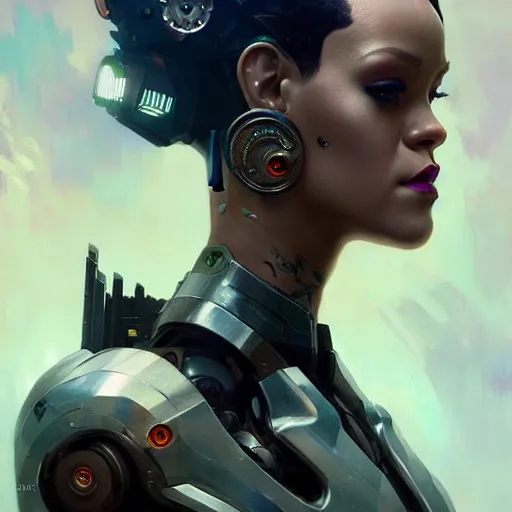 Image similar to cyborg Rihanna profile picture by Greg Rutkowski, dynamic pose, intricate, futuristic, fantasy, elegant, by Stanley Artgerm Lau, greg rutkowski, thomas kindkade, alphonse mucha, loish, norman Rockwell,