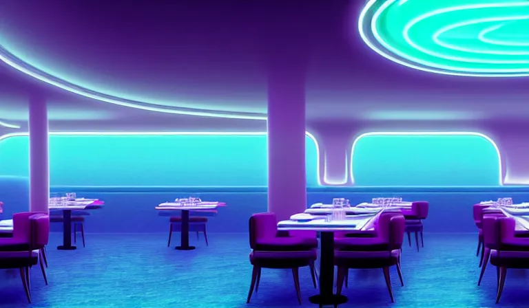 Image similar to a beautiful, sharp focus, clean lines. the interior of an art deco undersea restaurant. vaporwave ombre rendering. outrun style. fish. neon backlit jellyfish. trending on artstation. recommended for you behance. by chris moore. by edward hopper. ambient occlusion. digital matte painting. metropolis filmic. gotham city.