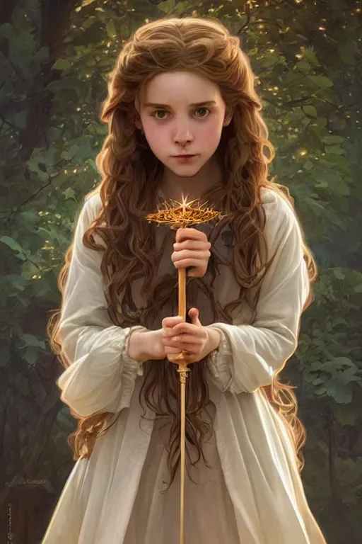 Prompt: beautiful cottagecore young hermione holding a magicwand. intricate, elegant. highly detailed, digital painting, artstation, concept art, smooth, sharp, focus, illustration. . art by artgerm and greg rutkowski and alphonse mucha
