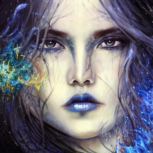 Image similar to masterpiece goddess of sorrow, realistic portrait, 3 0 years woman, melancholic face, long hair, digital painting by louis royo and julie bell, dark tenebrous blue background, cinematic light, aura effect, some chaotic sparkles, unreal engine, artstation, deviantart, pinterest, darker, more contrast