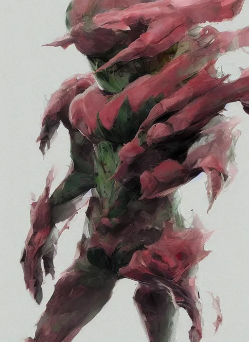 Image similar to semi reallistic gouache gesture painting, by yoshitaka amano, by ruan jia, by Conrad roset, by dofus online artists, detailed anime 3d render watermelon monster, watermelon terrible monster, antrophomorfic watermelon, portrait, cgsociety, artstation, rococo mechanical, Digital reality, sf5 ink style, dieselpunk atmosphere, gesture drawn