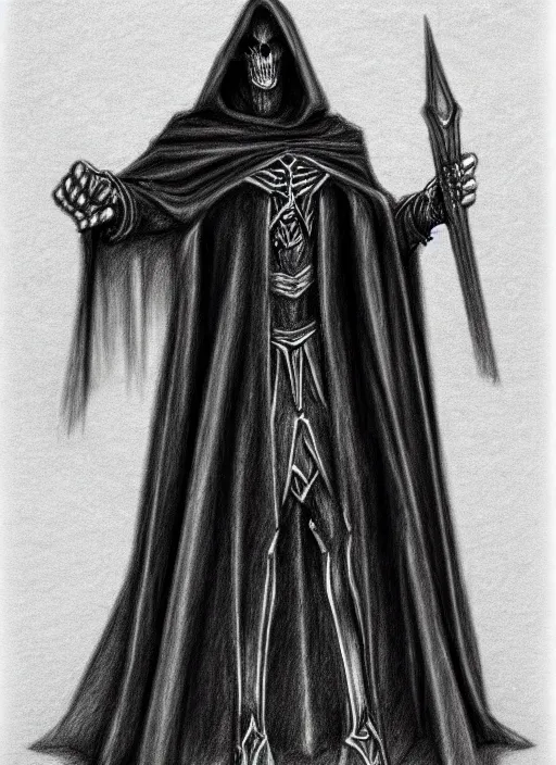 Image similar to pencil ultradetailed sketch of the necromancer, wearing a black cloak, crisp