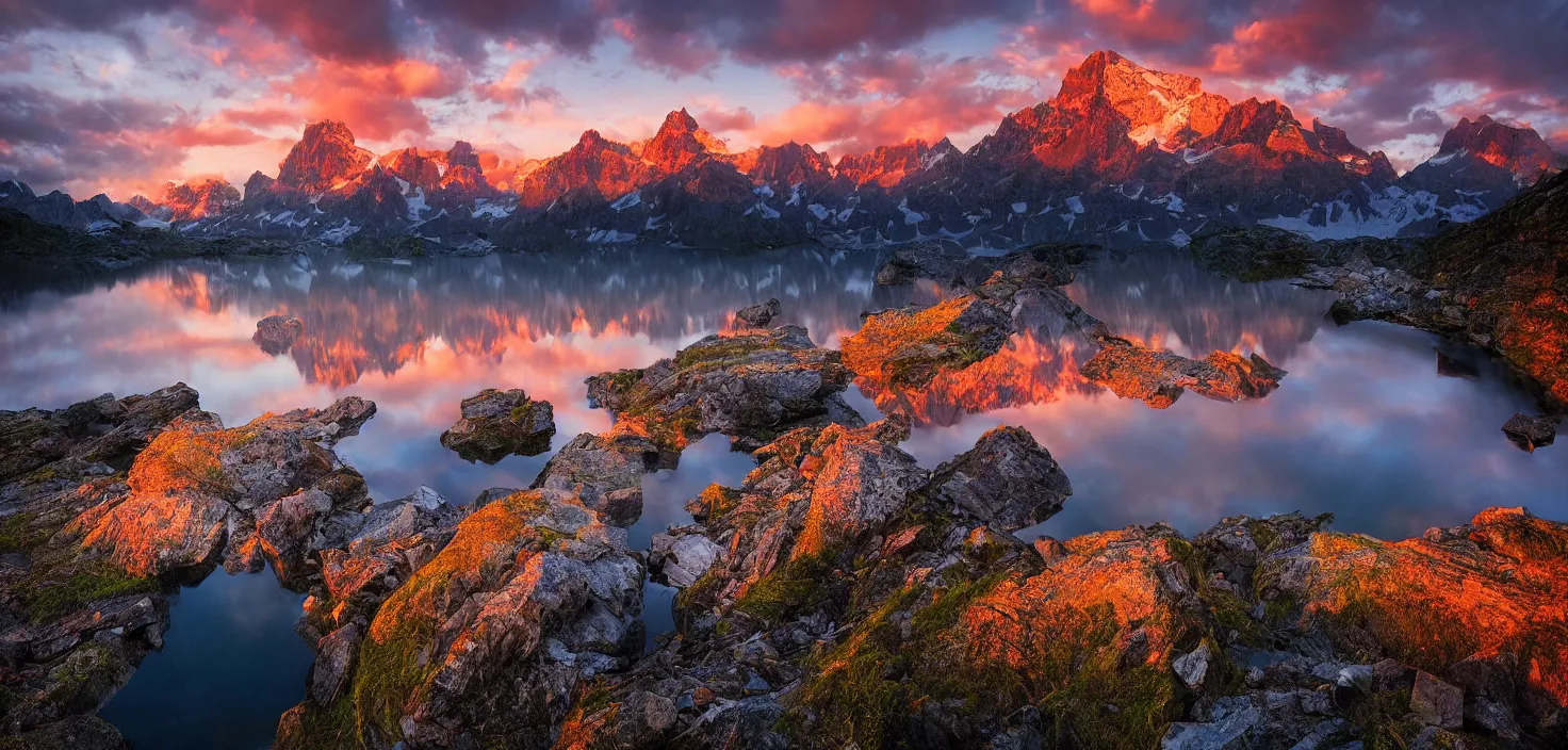 Image similar to amazing landscape photo of mountains with lake in sunset by marc adamus, beautiful dramatic lighting