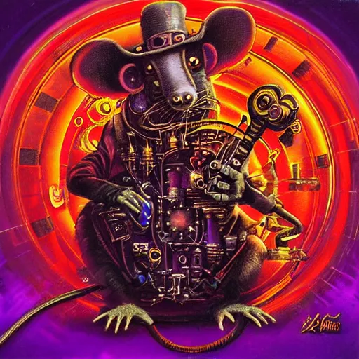 Image similar to steampunk rat, acid, 303, psychedelic, by paul lehr, cd cover for techno artist