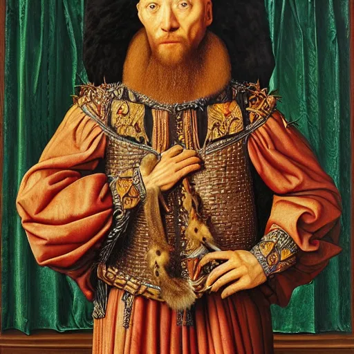 Image similar to portrait of a king with a lions head for a head, oil painting by jan van eyck, alex great, android jones, chris dyer, and aaron brooks, northern renaissance art, oil on canvas, wet - on - wet technique, realistic, expressive emotions, intricate textures, illusionistic detail