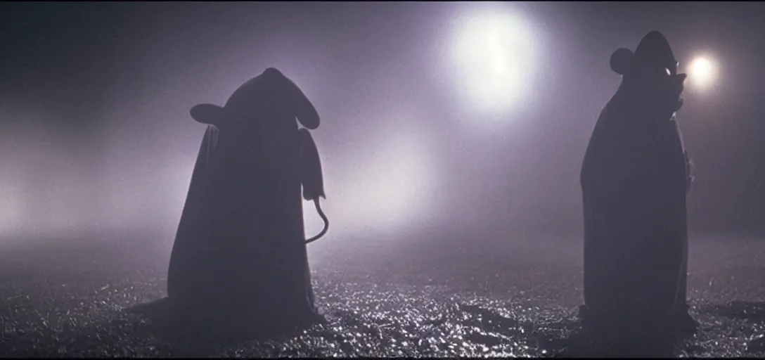 Image similar to prince of darkness as mickey mouse waking from his coffin, foggy, cinematic shot, photo still from movie by denis villeneuve, wayne barlowe