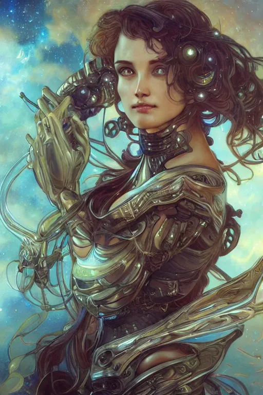 Prompt: space, fantasy, highly detailed, digital painting, 4 k, hdr, concept art, smooth, sharp focus, illustration, art by artgerm and h r giger and alphonse mucha