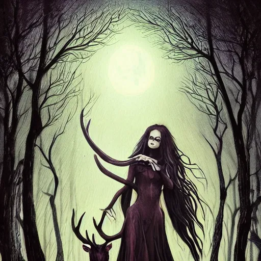 Image similar to an epic horrific wiccan gothic painting of a mother - nature witch cult woman wearing a deer skull, in a moonlit forest by gerald brom by junji ito by vanessa lemen by charlie bowater